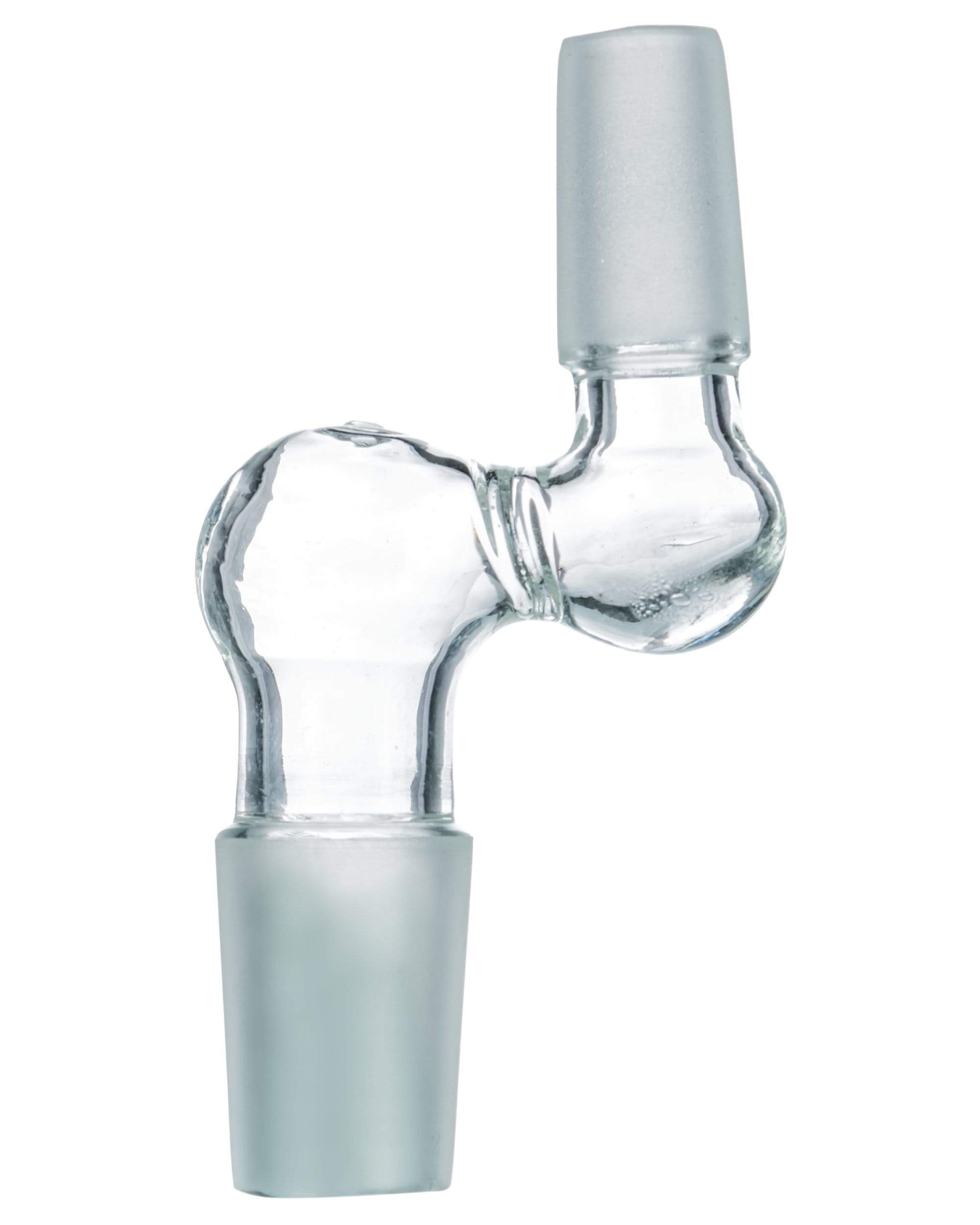 Close-up of the Step Up 90° Male to Male Adapter showing a frosted 90-degree male joint and clear glass elbow against a white background