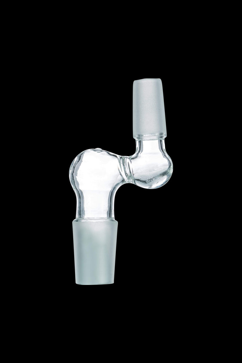 Centered front view of the clear glass Step Up 90° Male to Male Adapter against a black background, showing its 90-degree curved joint and frosted male connections.