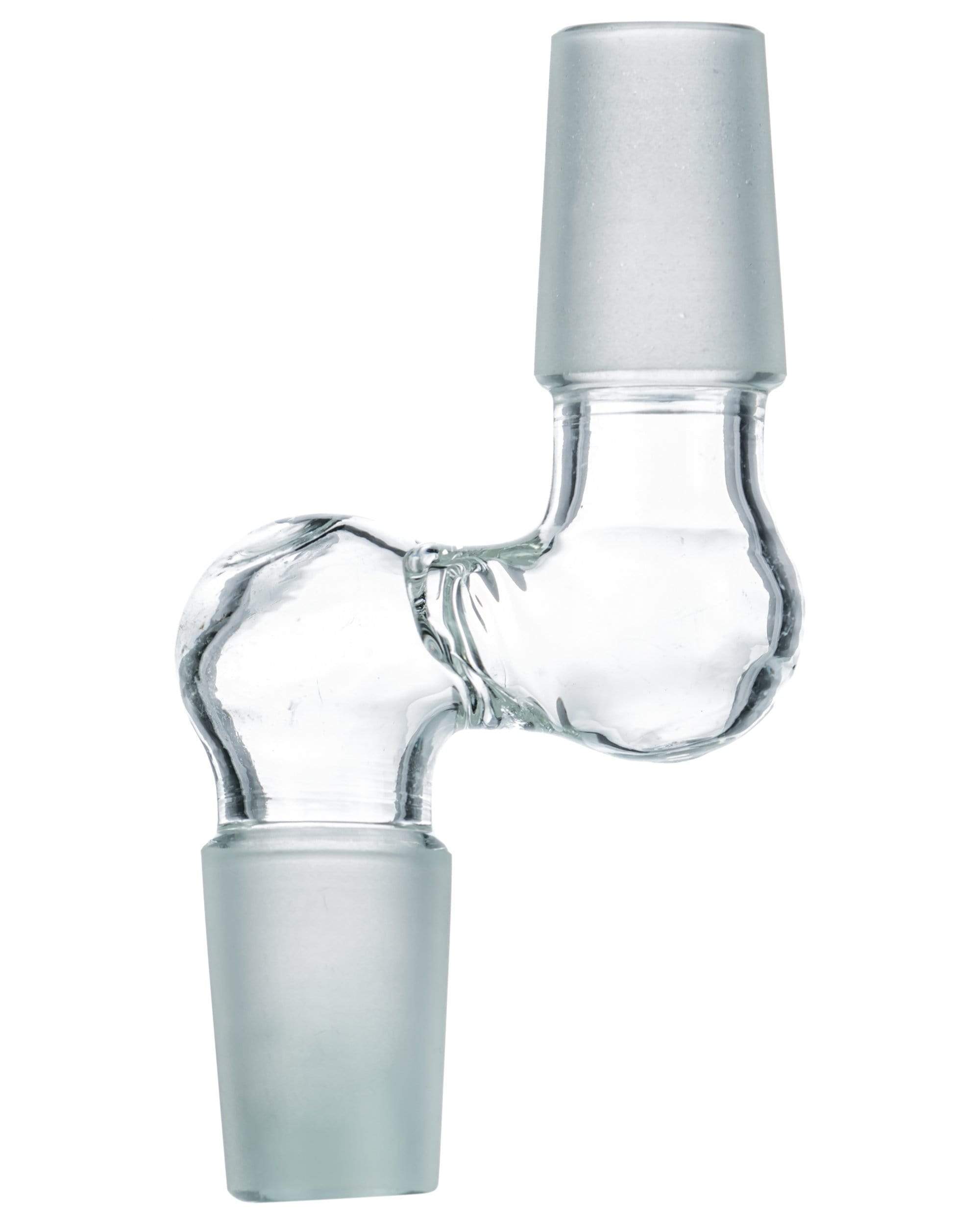 Close-up of a clear glass 90° joint and frosted ends showing the Step Up 90° Male to Male Adapter against a white background.