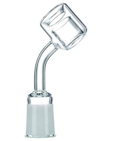 Angled studio shot of the Thermal Chamber Quartz Banger Nail showing its clear quartz bucket chamber atop a curved neck and frosted ground joint.