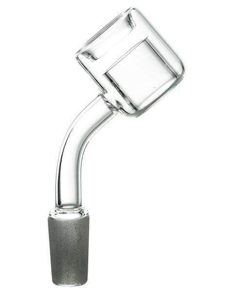Angled close-up of a clear Thermal Chamber Quartz Banger Nail on a white background, showing its bucket chamber and bent neck.