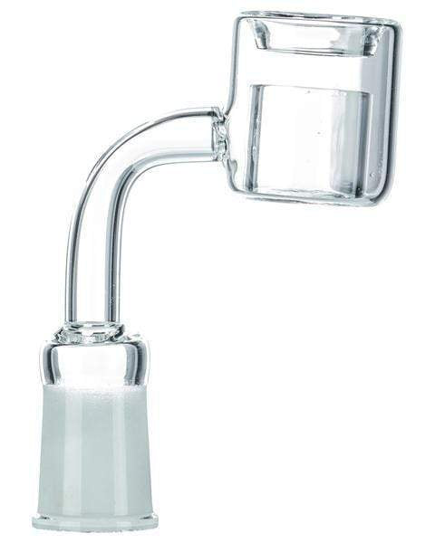 Side profile of a clear Thermal Chamber Quartz Banger Nail showing its angled neck, squared quartz chamber, and frosted glass joint against a white background.