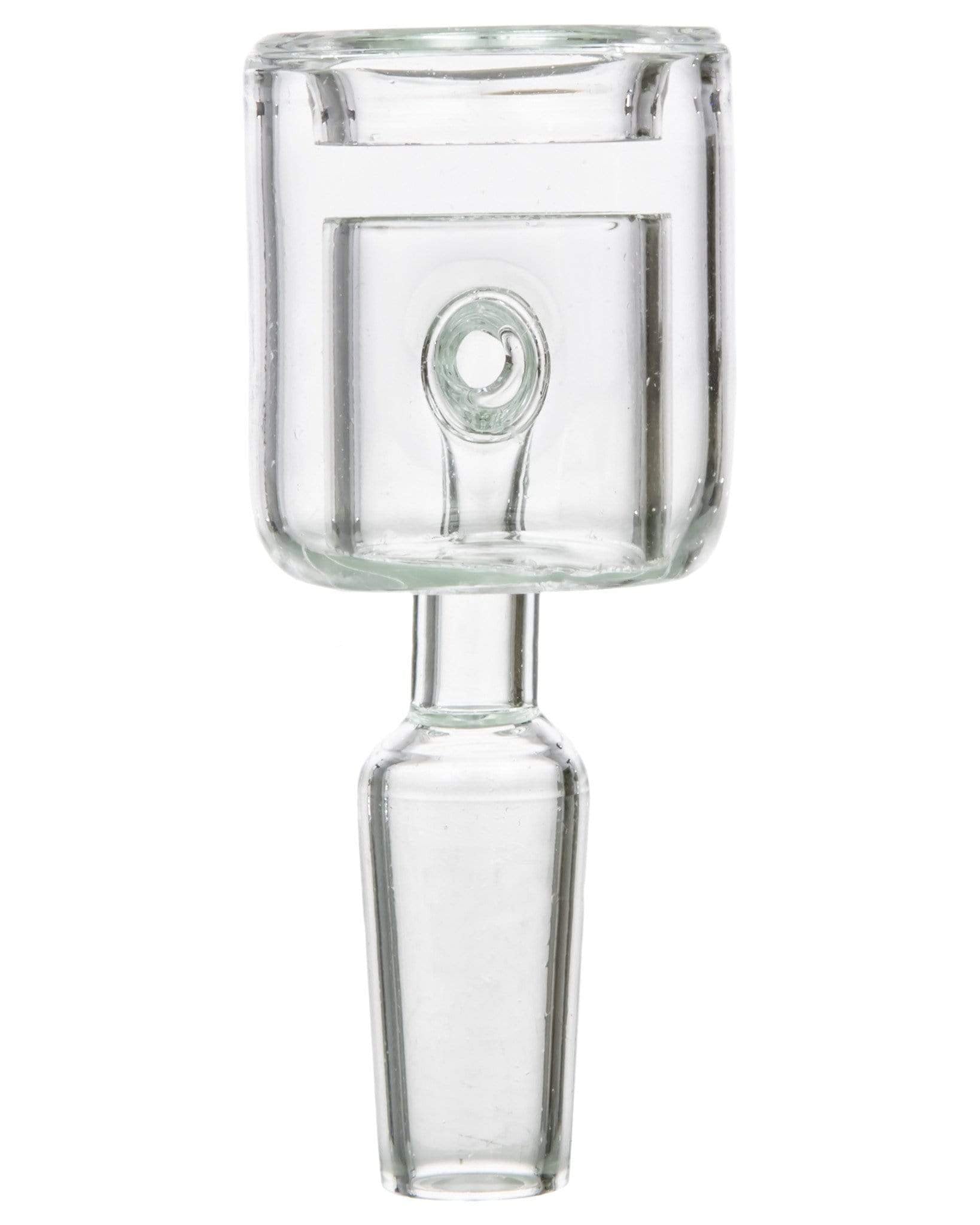 Close-up front view of the clear Thermal Chamber Quartz Banger Nail showing its square top chamber and downward stem.