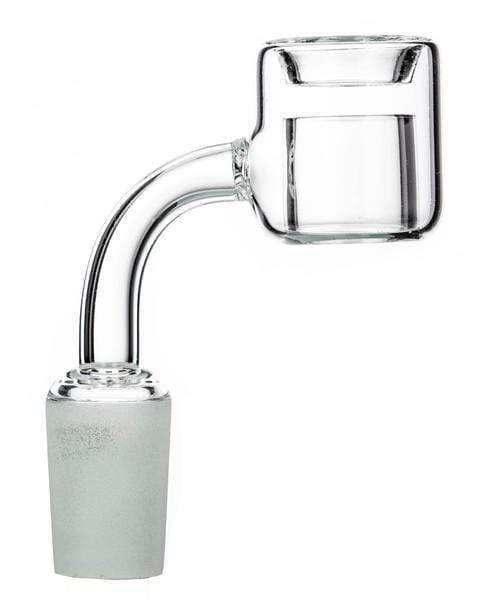 Side view of a clear Thermal Chamber Quartz Banger Nail showing its curved neck, cylindrical chamber, and frosted joint against a white background.