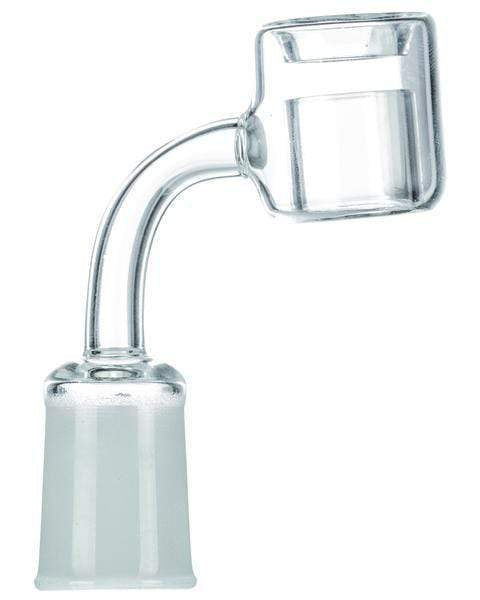 Studio-style side view of the Thermal Chamber Quartz Banger Nail showing its clear angled stem and square quartz chamber against white.