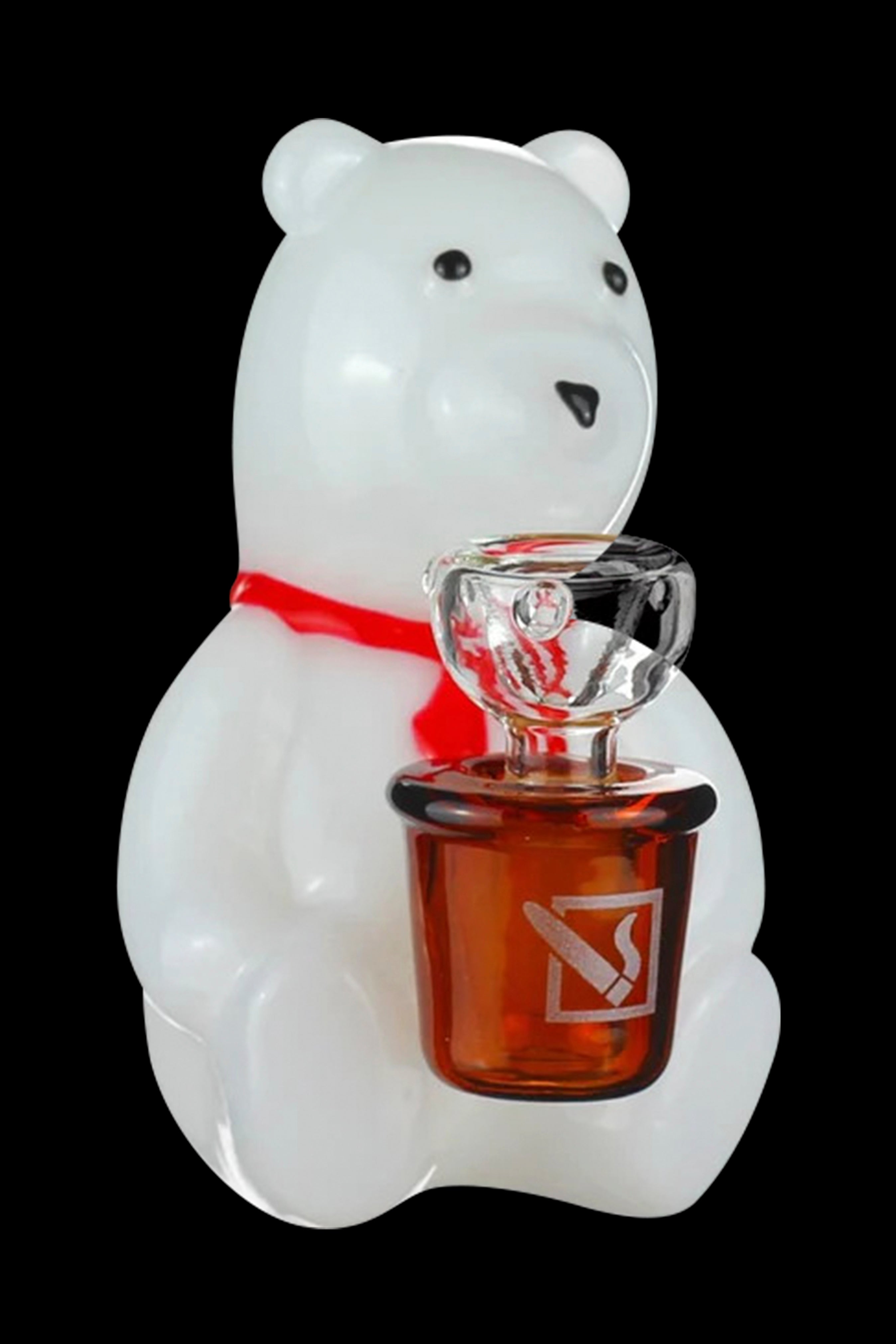 White polar bear-shaped glass piece with a red, cylindrical water pipe attachment.