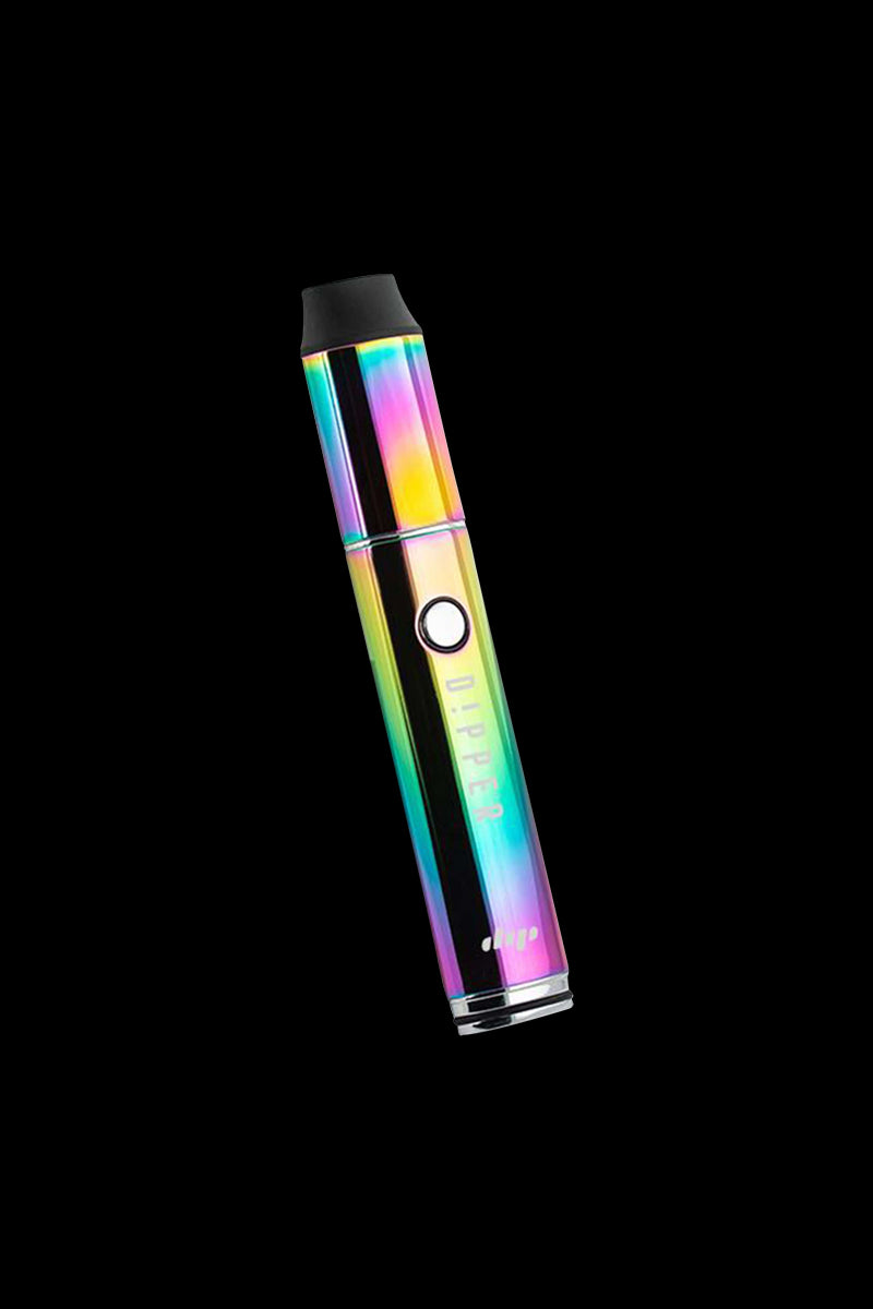 Angled close-up of a rainbow-finish Dip Devices Vaporizer - The Dipper against a black background, showing its round power button and black mouthpiece