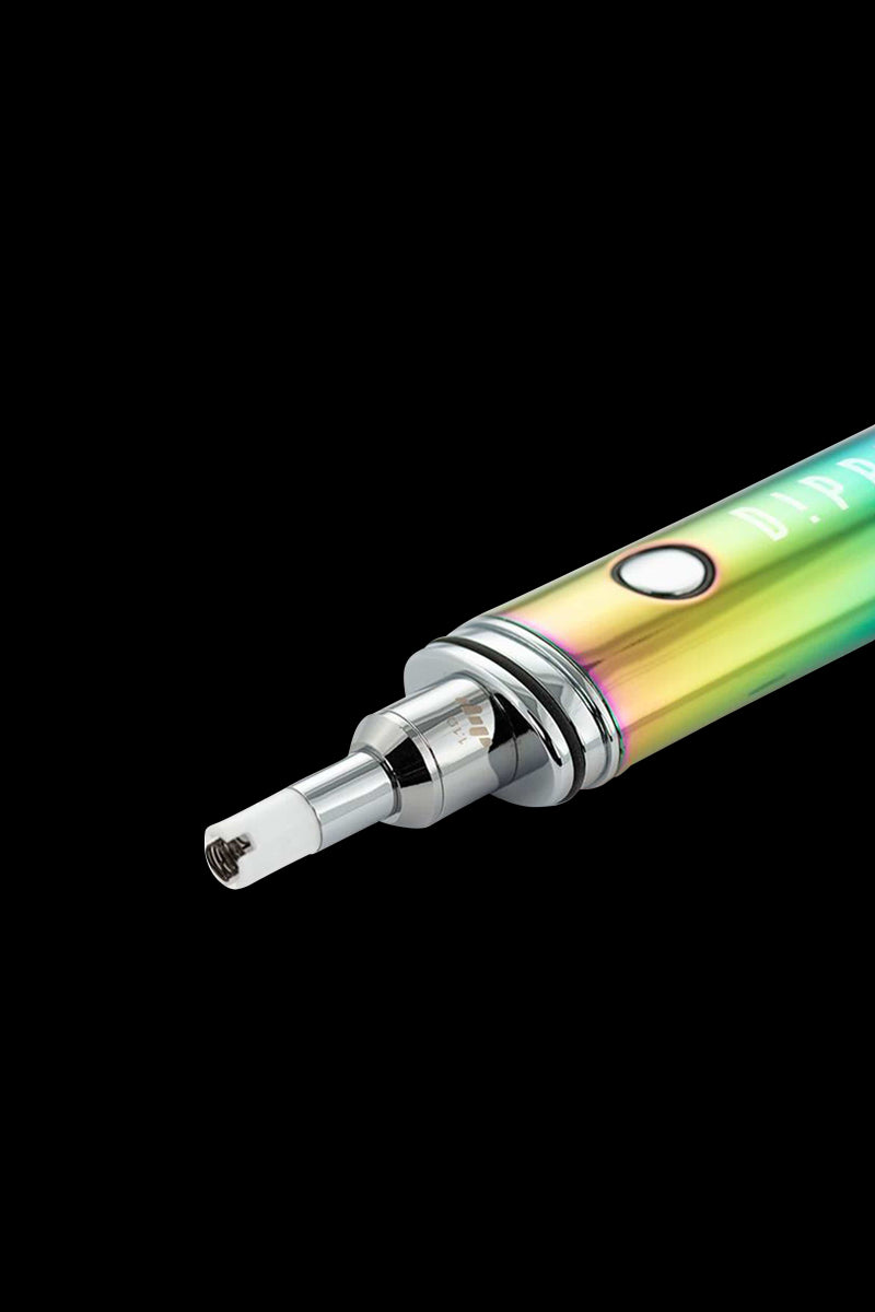 Close-up angled view of the iridescent Dip Devices Vaporizer - The Dipper showing its metallic mouthpiece and single button.