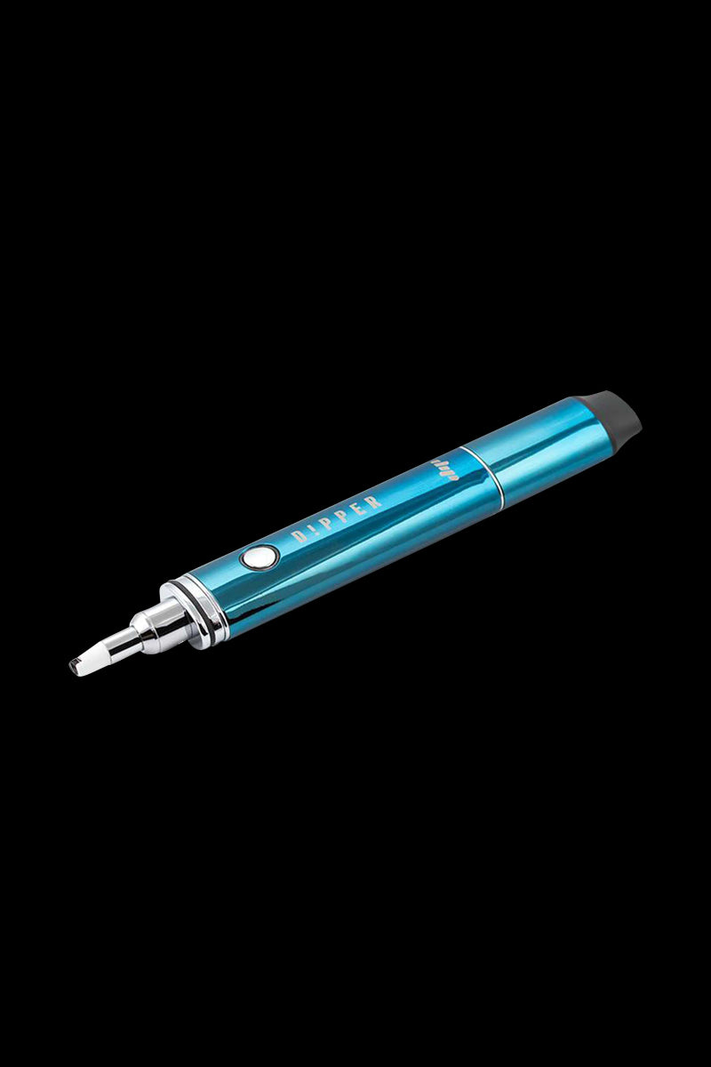 Angled studio shot of the metallic blue Dip Devices Vaporizer - The Dipper showing its button, chrome tip, and black mouthpiece against a black background