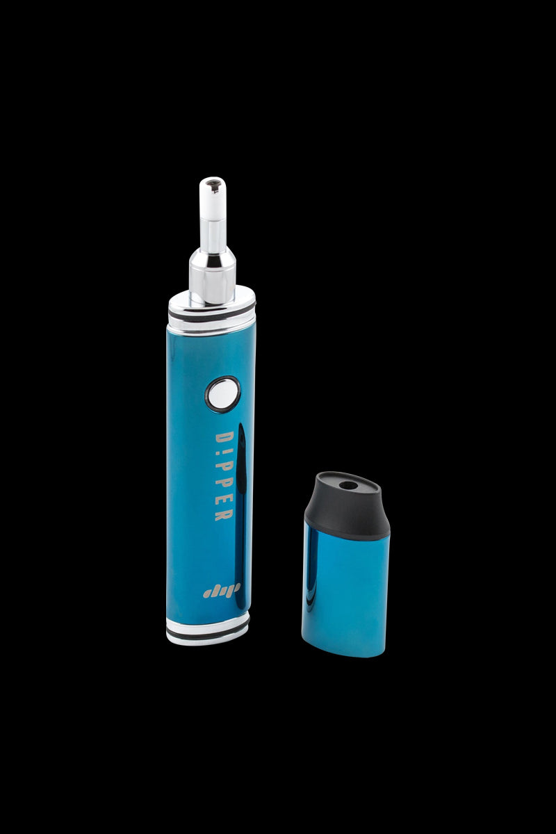Centered front view of the rainbow Dip Devices Vaporizer - The Dipper standing upright with its blue metallic body and detached black-topped mouthpiece on a black background