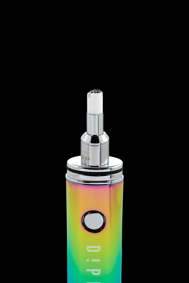 Centered, close-up vertical shot of a rainbow-finish Dip Devices Vaporizer - The Dipper against a solid black background.
