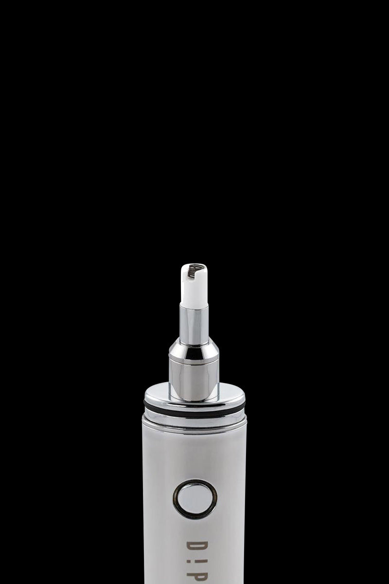 Close-up of the white Dip Devices Vaporizer - The Dipper shown upright against a black background with its metal mouthpiece and circular power button visible.
