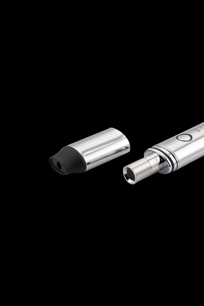 Angled close-up of the chrome Dip Devices Vaporizer - The Dipper with its mouthpiece removed against a black background