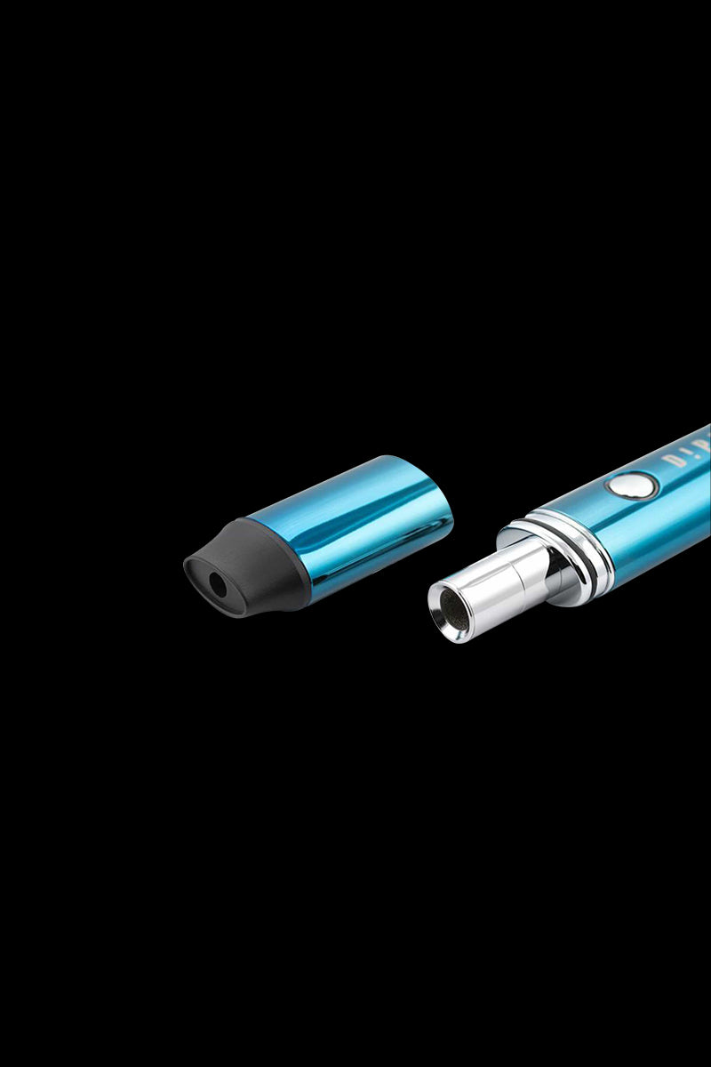 Close-up on a chrome blue Dip Devices Vaporizer - The Dipper showing the mouthpiece removed and the metallic heating tip against a black background.