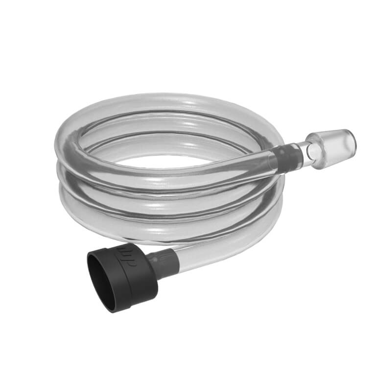 A close-up, angled view of the Dip Devices DipWhip Attachment, showcasing its clear, coiled tubing and black connector.