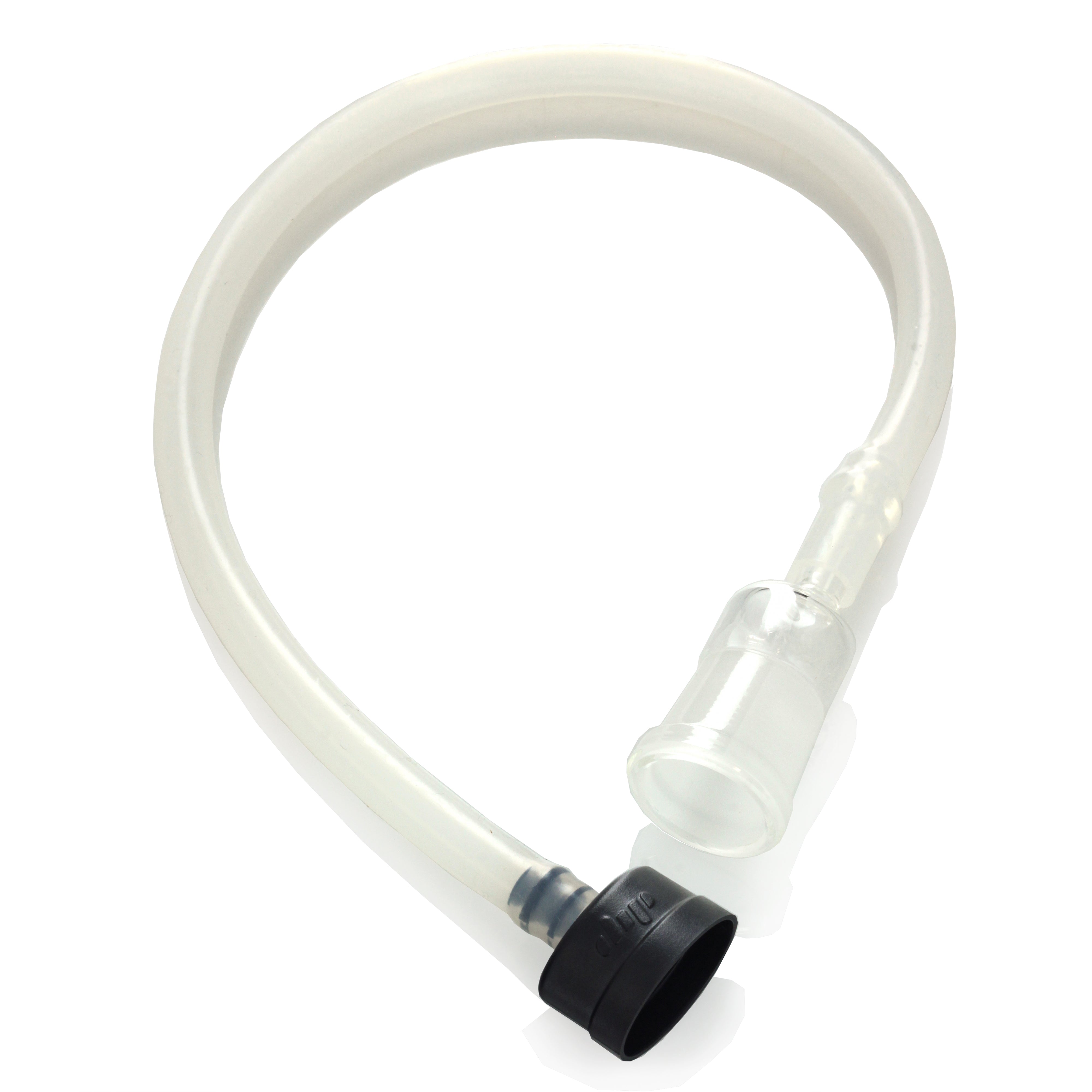 A slightly angled view of the Dip Devices DipWhip Attachment, a clear glass extension piece with a black connector.