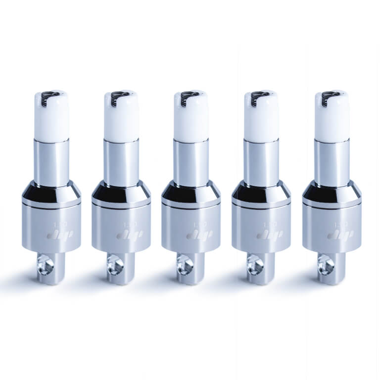 Row of five chrome and white Dip Devices Dipper Vapor Tip Atomizer units photographed front-on against a bright white background.