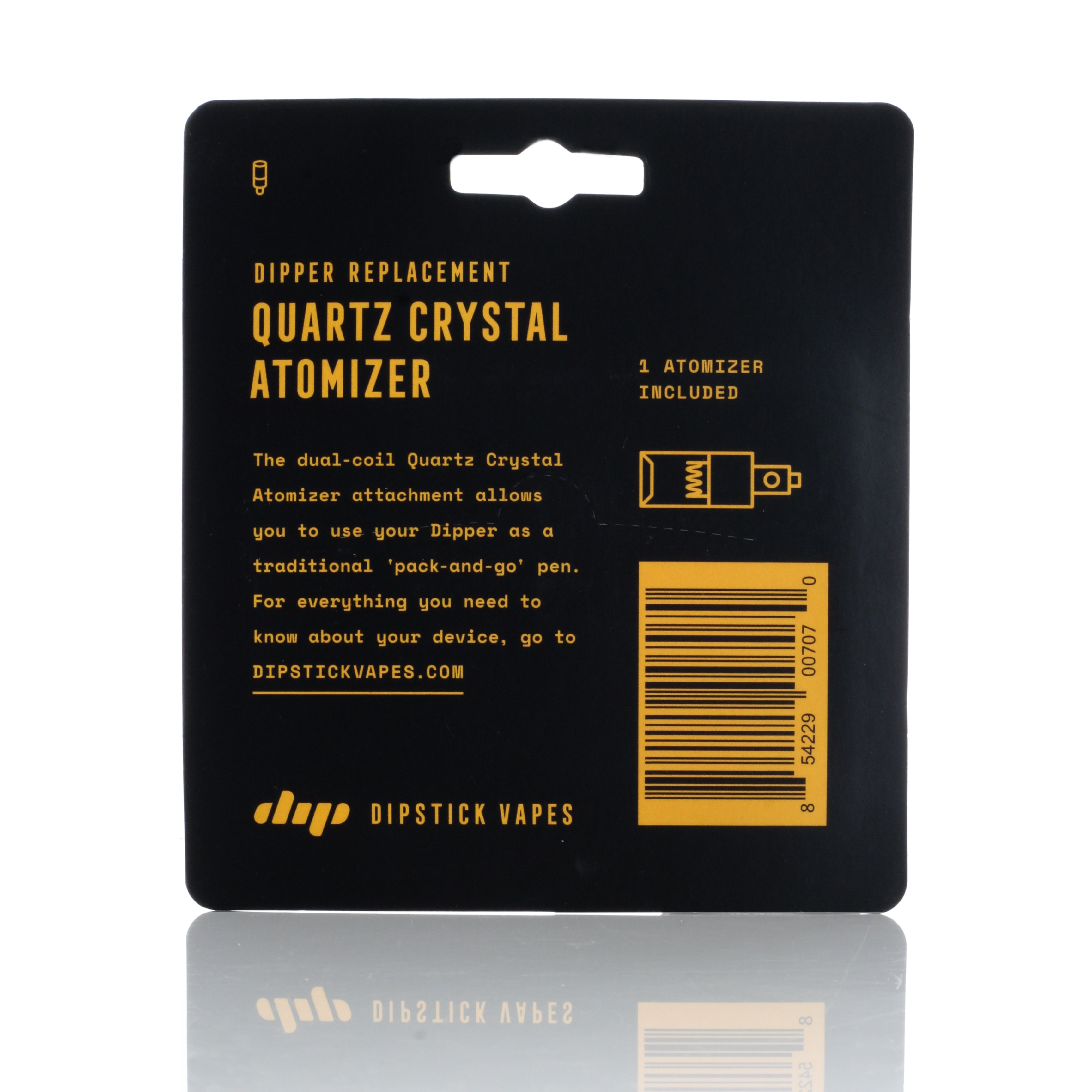 Close-up front view of the Dip Devices Dipper Vapor Tip Atomizer black packaging with yellow text and a barcode reflected below