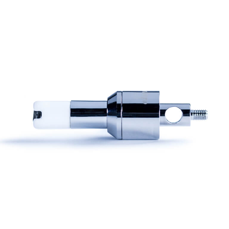 Side profile of the chrome and ceramic Dip Devices Dipper Vapor Tip Atomizer lying on a white background with soft shadow.