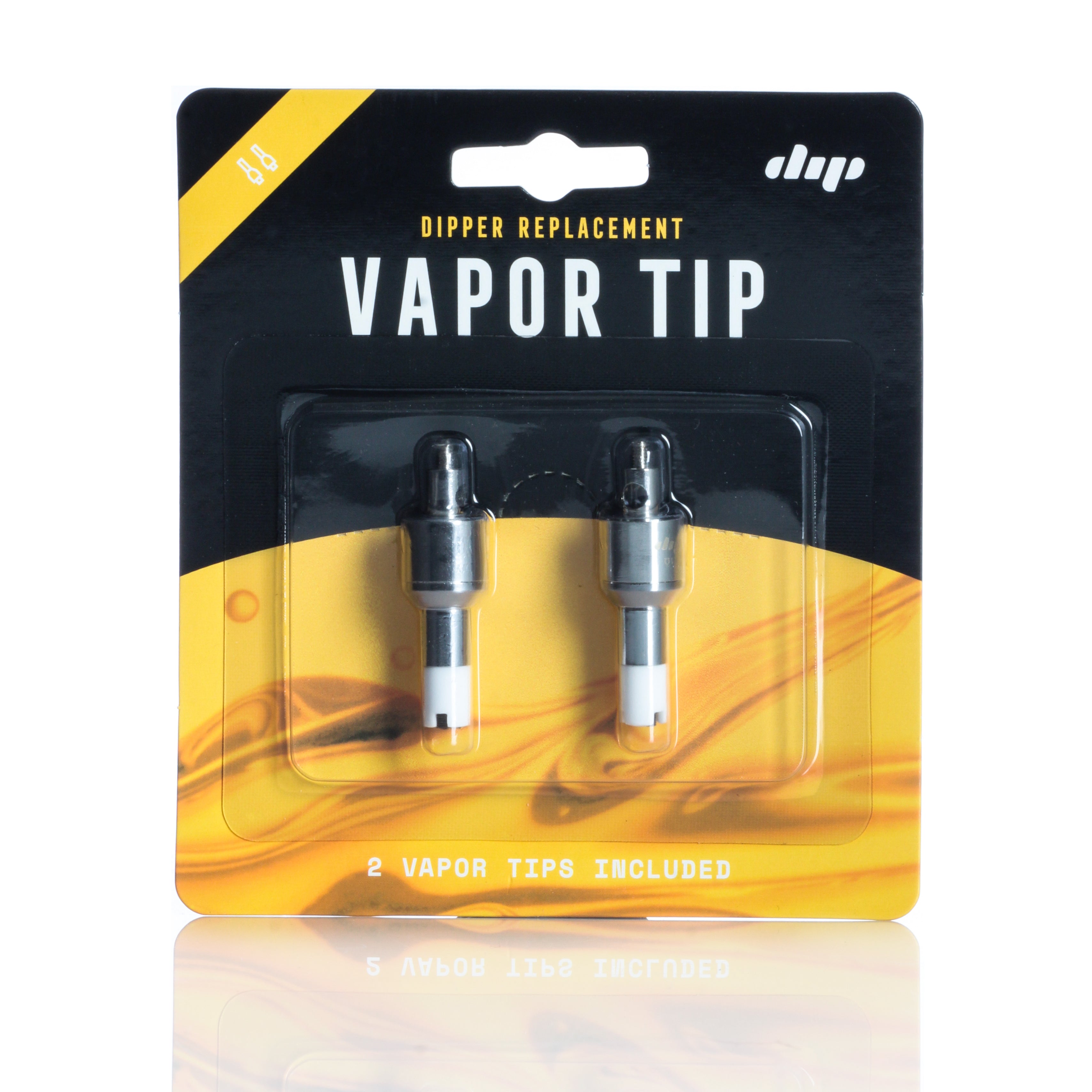 Close-up front view of the Dip Devices Dipper Vapor Tip Atomizer blister pack showing two metal vapor tips against a yellow and black background.