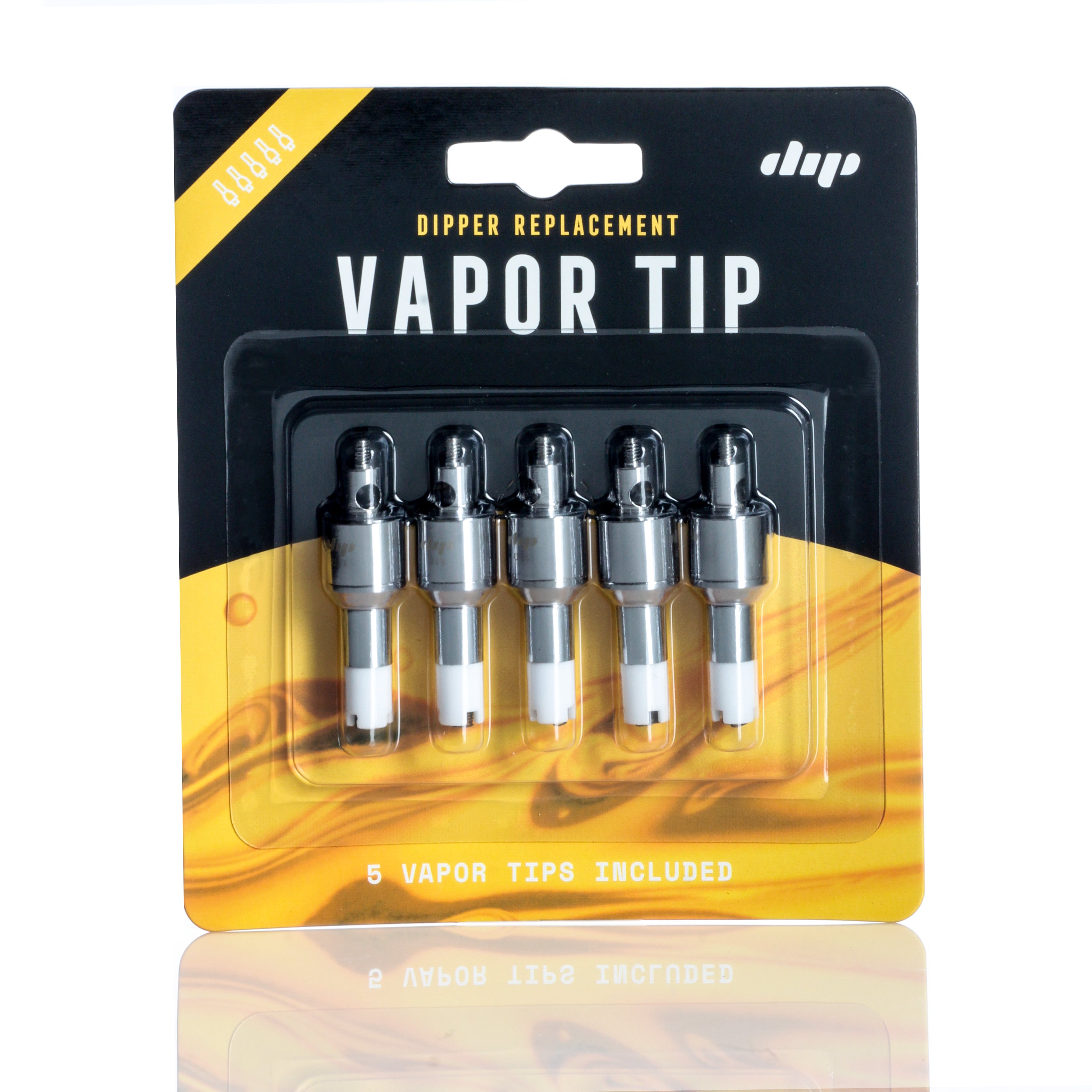 Close-up front view of the Dip Devices Dipper Vapor Tip Atomizer blister pack showing five chrome tips against yellow art.