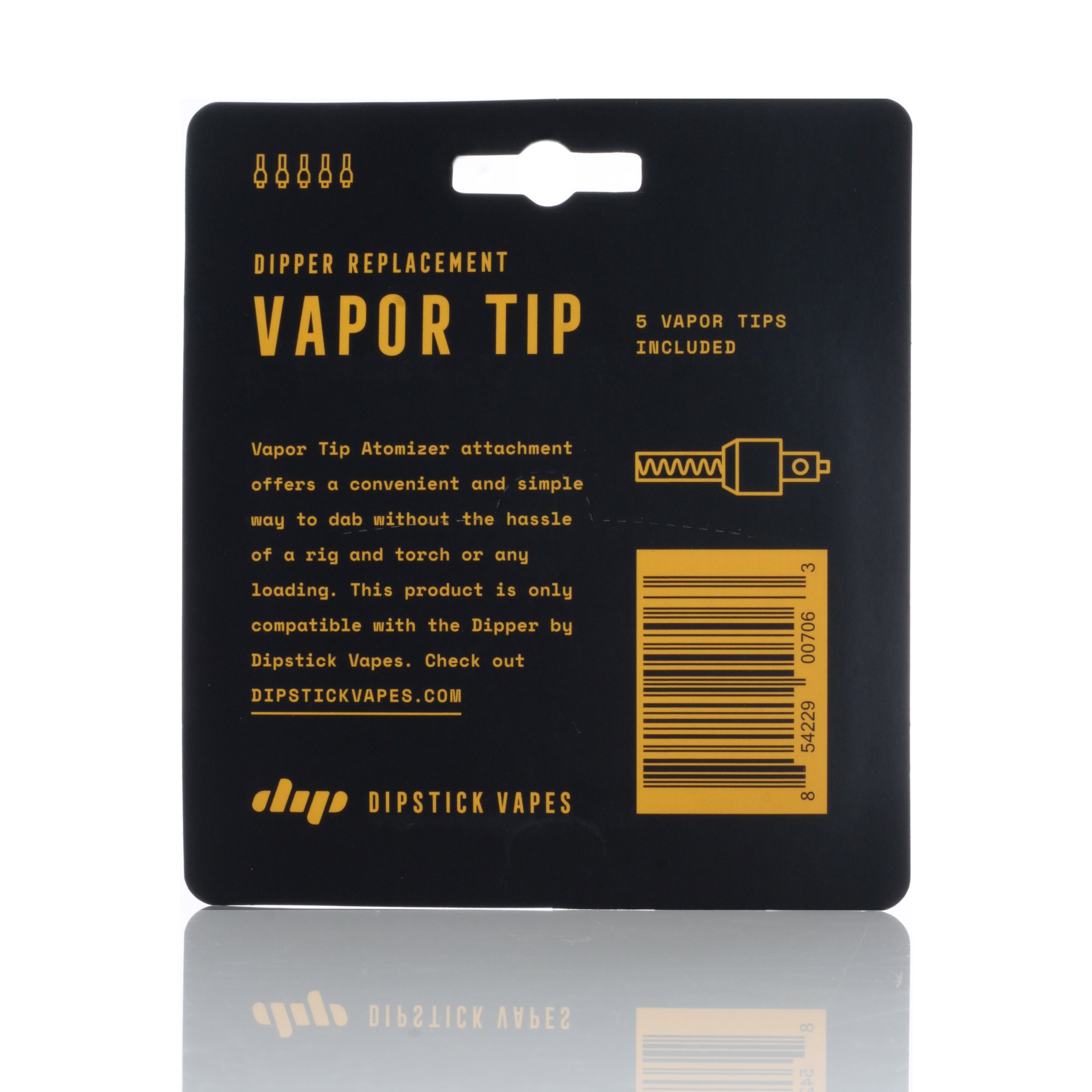 Close-up front view of the Dip Devices Dipper Vapor Tip Atomizer black backing card with yellow text and barcode.
