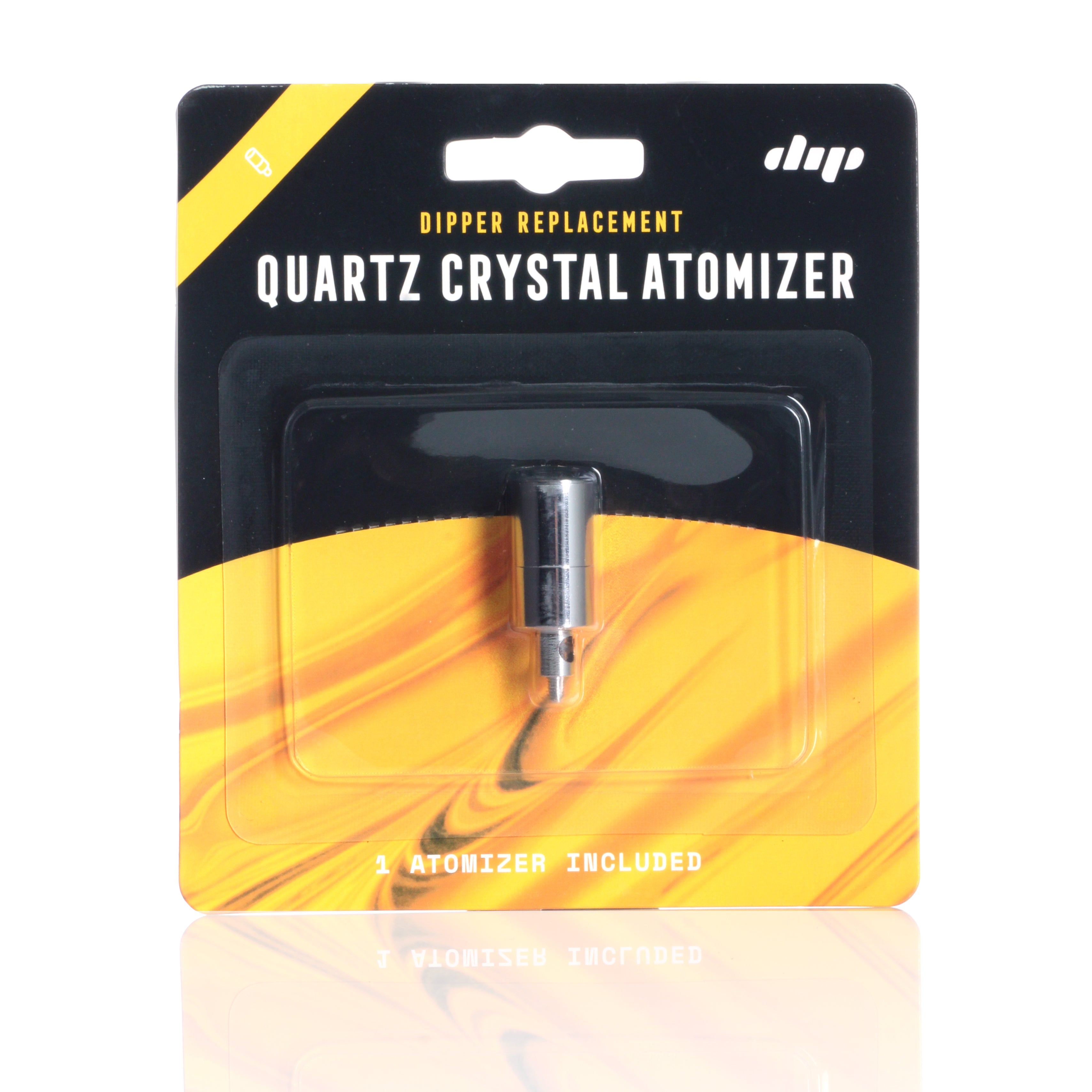 Close-up front view of the Dip Devices Dipper Vapor Tip Atomizer packaged against a black and yellow swirled card.