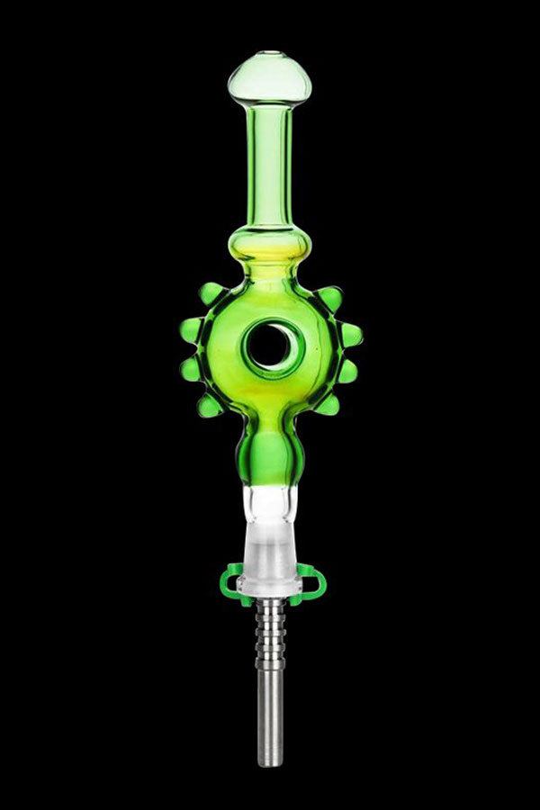 Green glass oil rig attachment with intricate bubble design.
