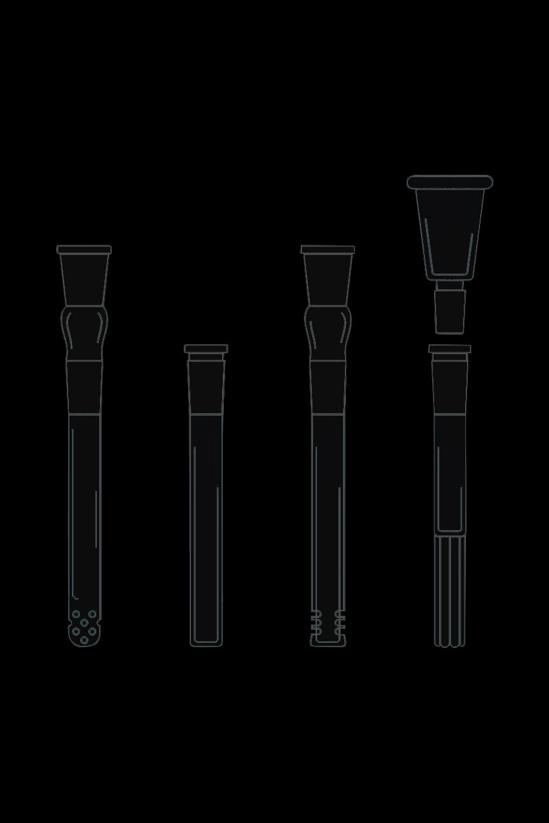 Straight-on view of four black Leaf Inside-Cut Shower Head Perc Diffuser Downstem variants shown as thin blue line drawings against a black background.