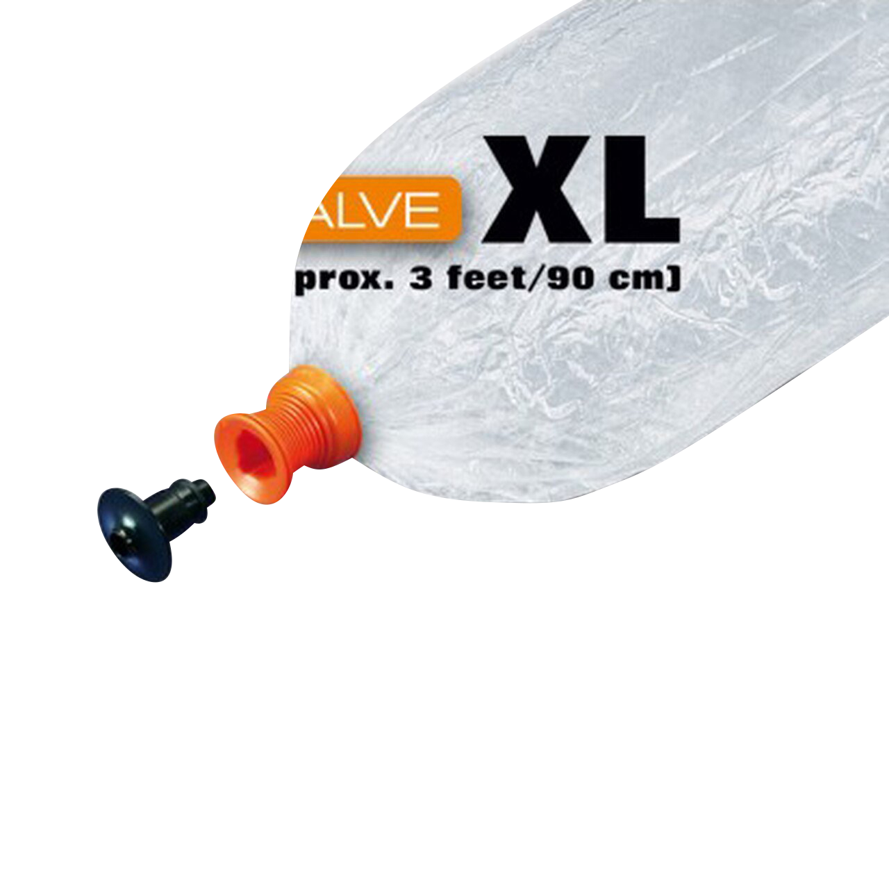 Close-up of the Storz & Bickel Volcano Easy Valve XL Replacement valve with a clear plastic bag and orange connector.