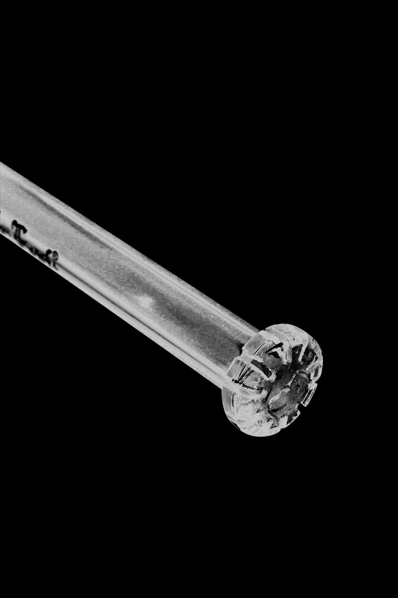Angled close-up of the Black Leaf Inside-Cut Shower Head Perc Diffuser Downstem showing its clear glass tube and multi-slotted round diffuser against a black background