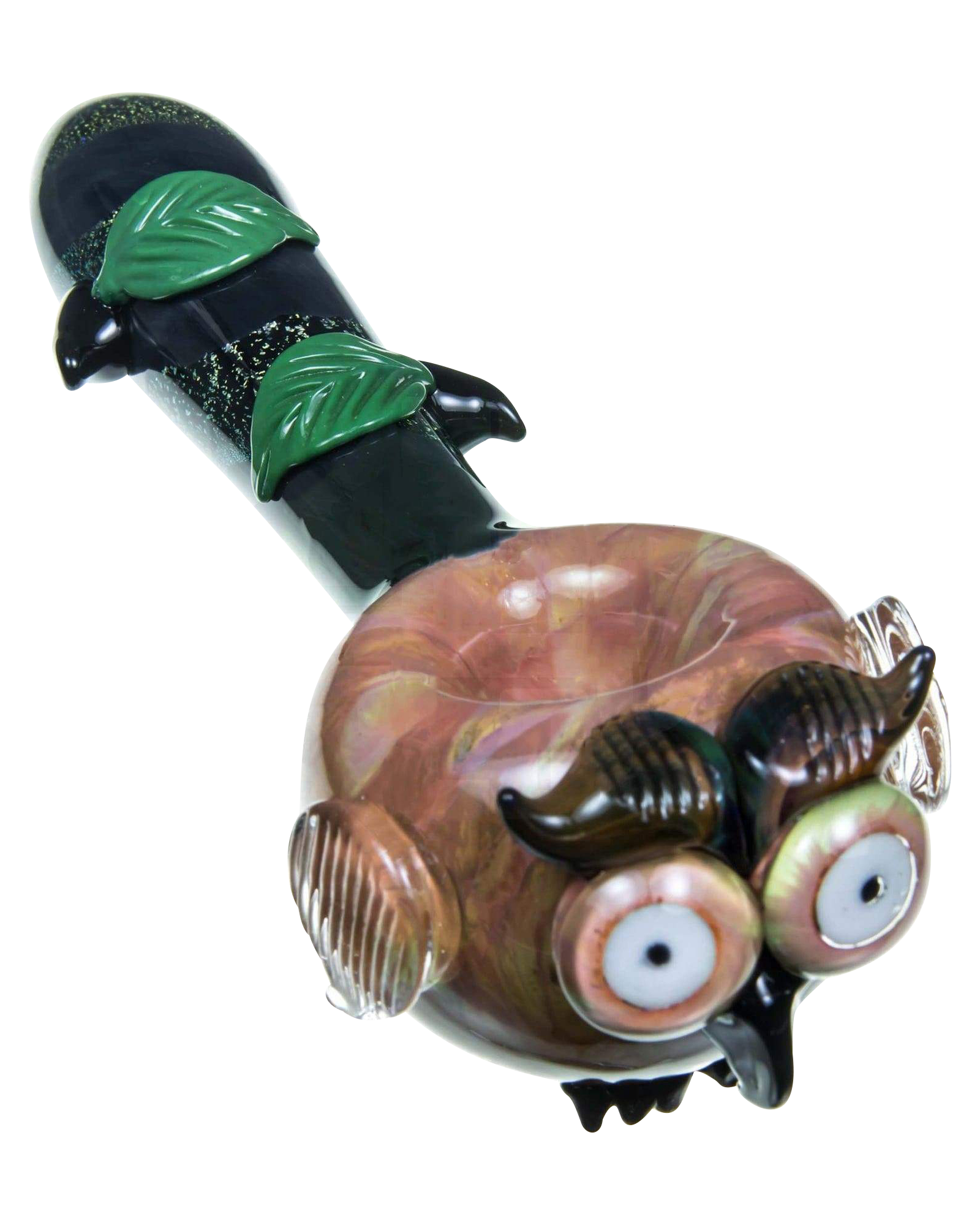 Front view of the Empire Glassworks "The Owl" Mini Glass Spoon Pipe, showcasing detailed sculpting and a dark, glossy finish.