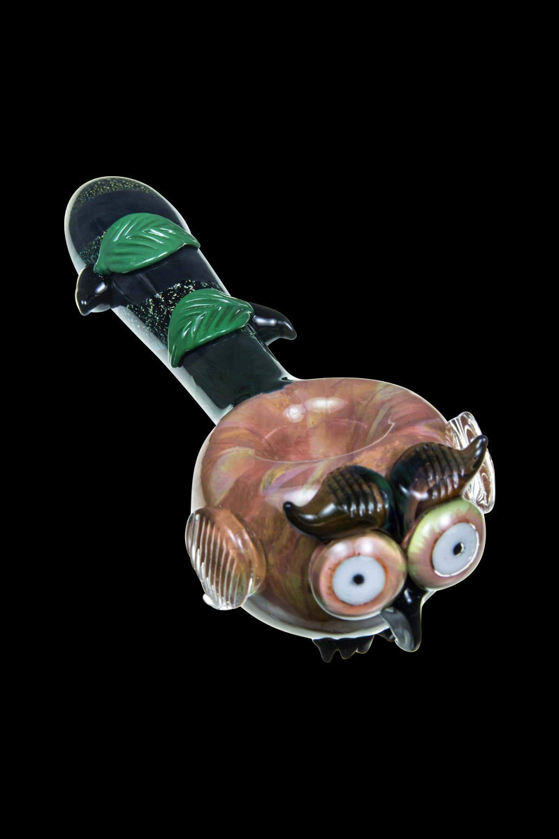 Empire Glassworks "The Owl" Mini Glass Spoon Pipe shown in a side view, with sculpted feather details.