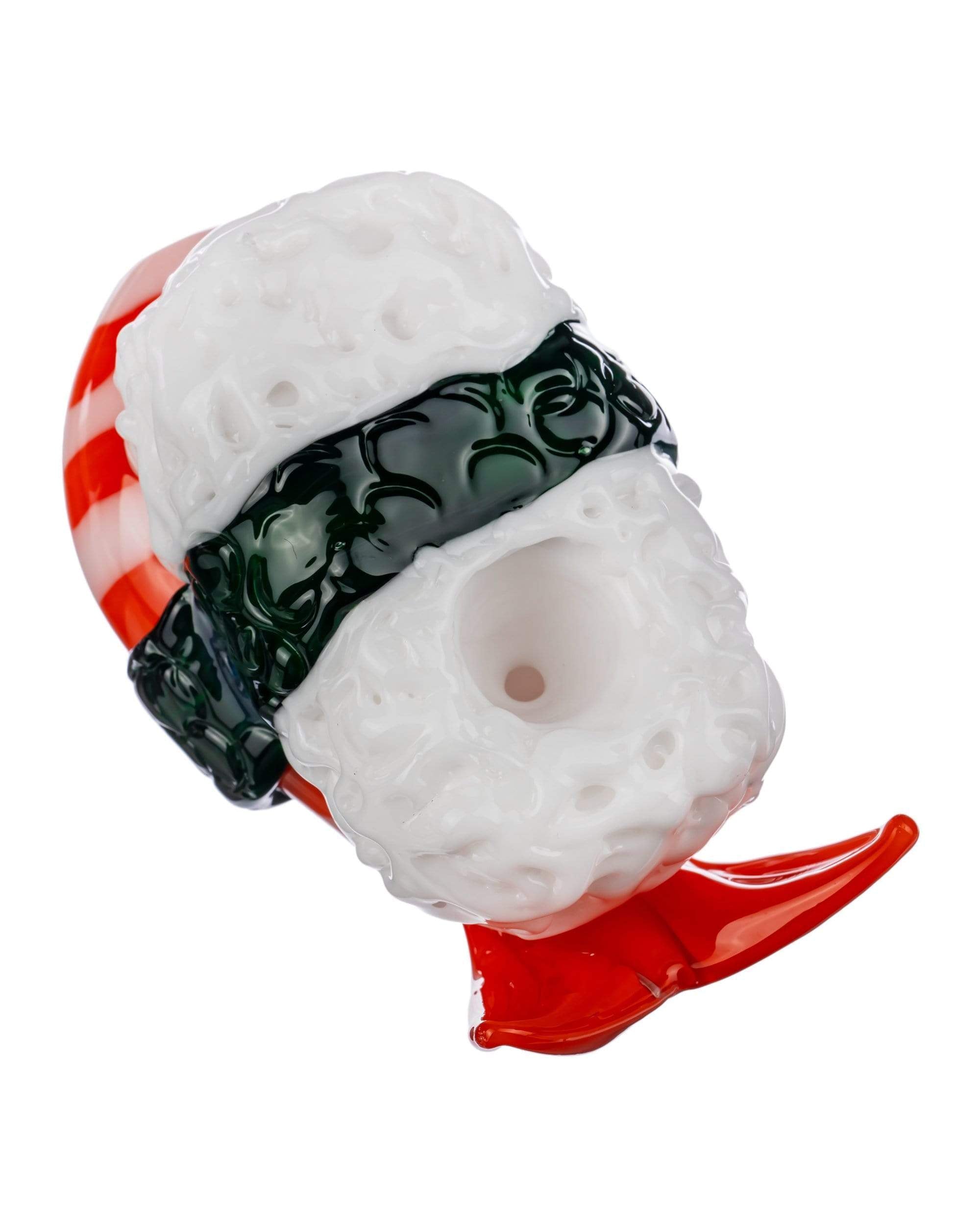 A close-up, angled view of the Empire Glassworks Shrimp Nigiri Sushi Hand Pipe, sculpted to resemble a piece of sushi.