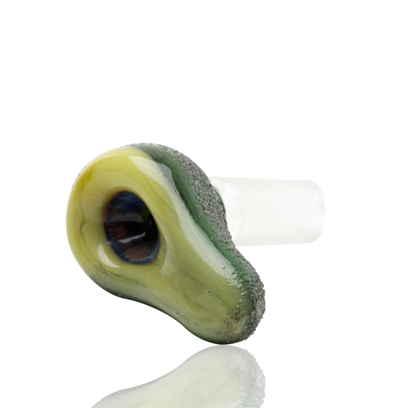 A three-quarter view of the Empire Glassworks "Avocadope" Flower Bowl, showcasing its green, textured glass and bowl shape.