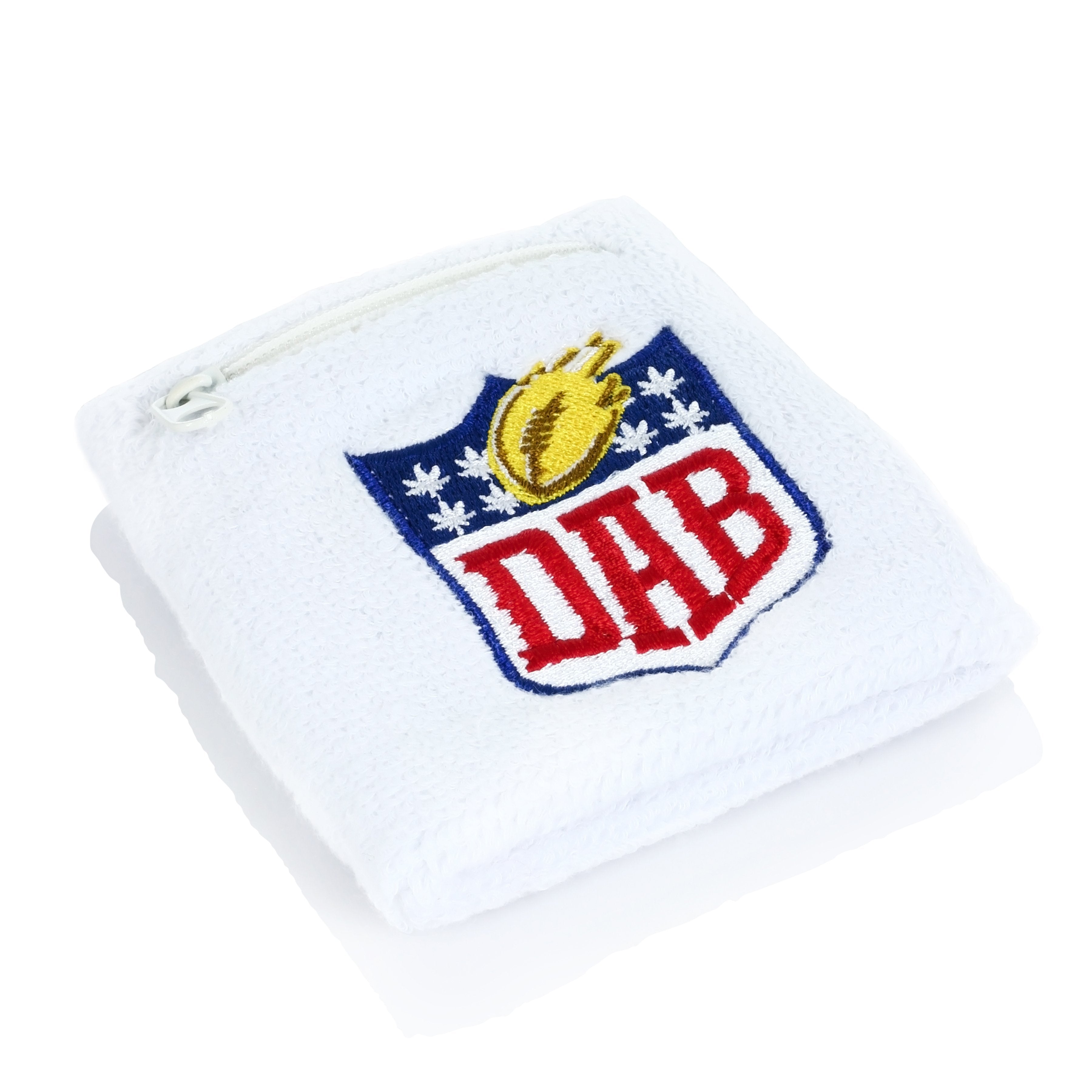 Angled close-up of a white ErrlyBird Stash Pocket Wristband showing a zippered pocket and embroidered shield motif.