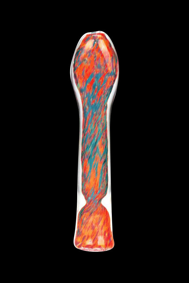 Glass cannabis oil rig with red and blue swirling patterns.