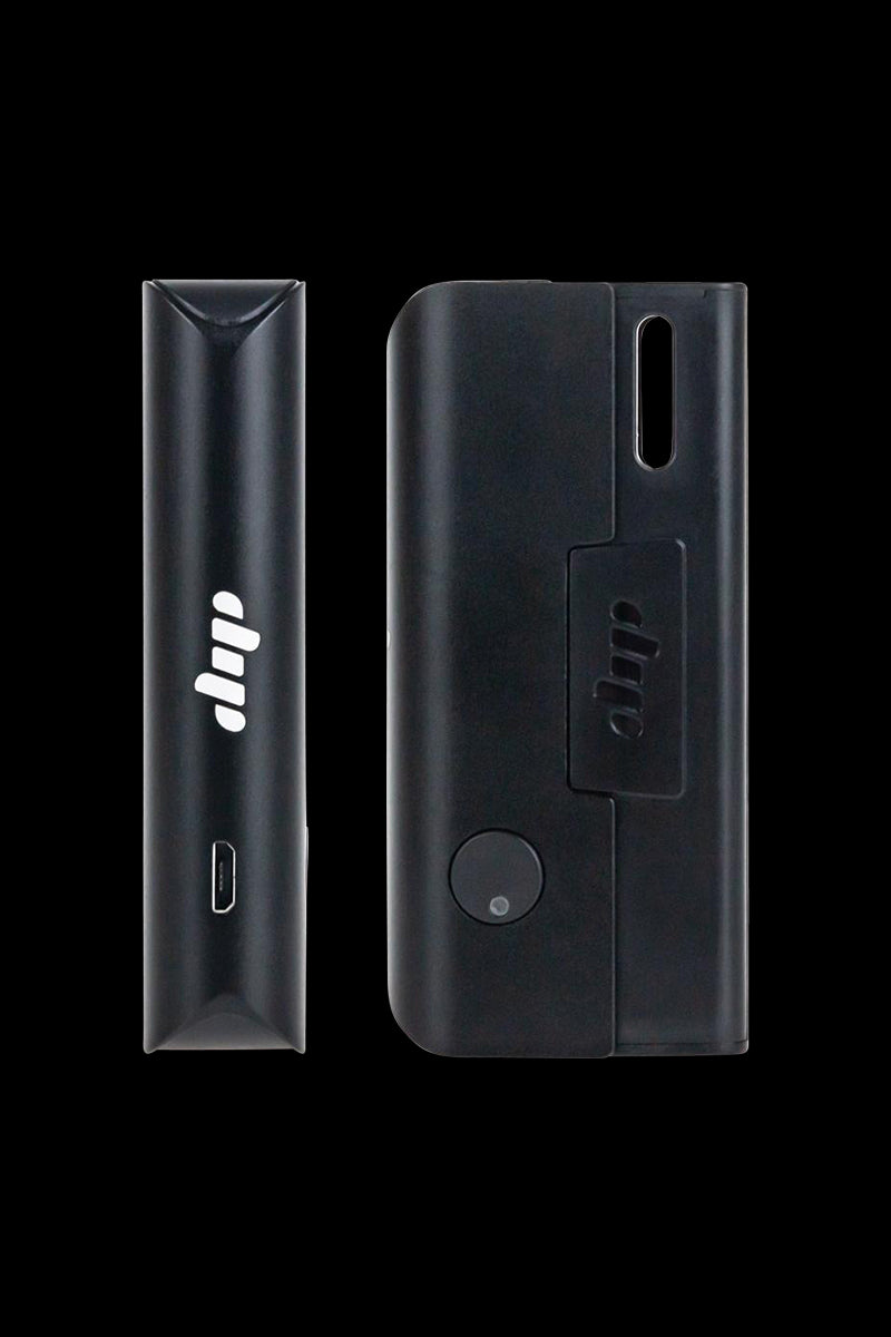 A sleek, front view of the Dip Devices Evri Starter Pack Vaporizer Kit, showcasing its compact, black design against a dark background.