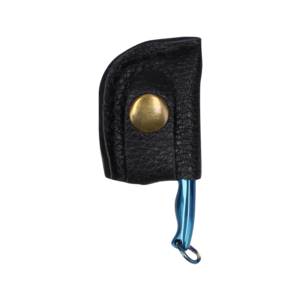 Close-up of the THGC EX II Mini Chopping Knife with Cover showing a black textured leather sheath with brass snap and the blue metallic knife handle tip peeking out.
