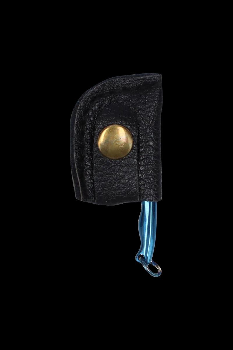 Close-up front view of the THGC EX II Mini Chopping Knife with Cover showing a textured black leather sheath with brass snap and blue handle tip.