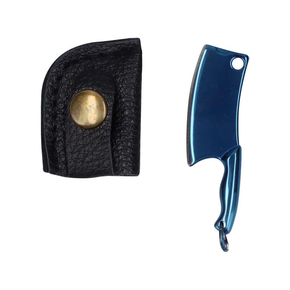 Top-down view of the metallic blue THGC EX II Mini Chopping Knife with Cover beside its black leather snap cover.