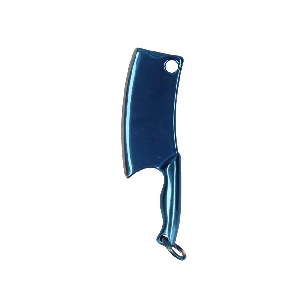 Top-down view of the metallic blue THGC EX II Mini Chopping Knife with Cover showing its curved blade, ergonomic handle, hanging hole, and reflective finish