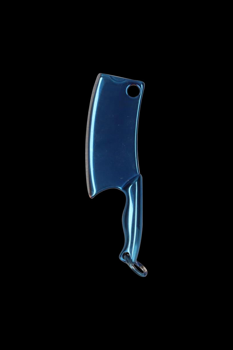 Centered top-down view of the blue THGC EX II Mini Chopping Knife with Cover against a black background, showing its glossy blade, hole near the spine, and curved handle with keyring.