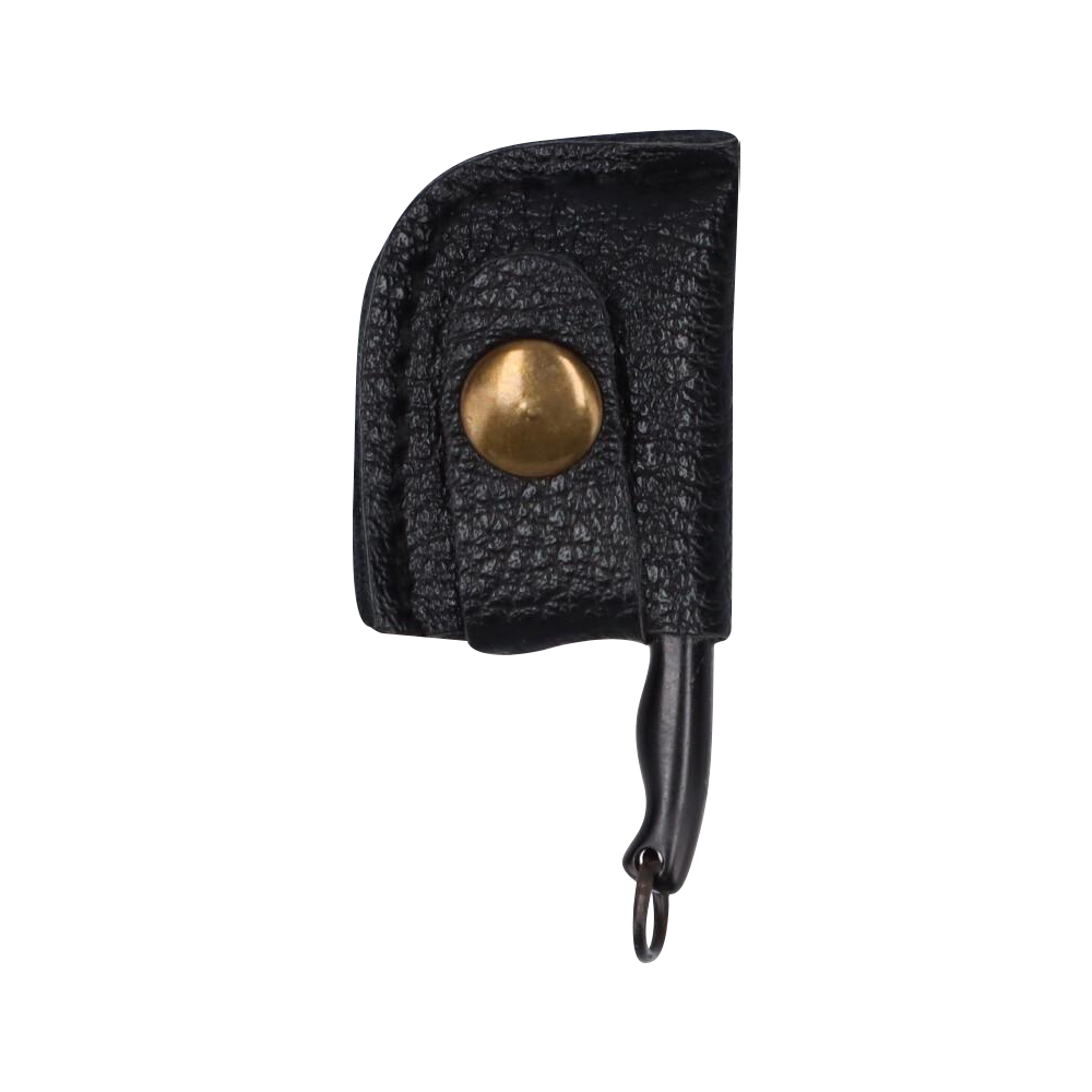 Close-up of the black textured cover with brass snap and hooked loop on the THGC EX II Mini Chopping Knife with Cover