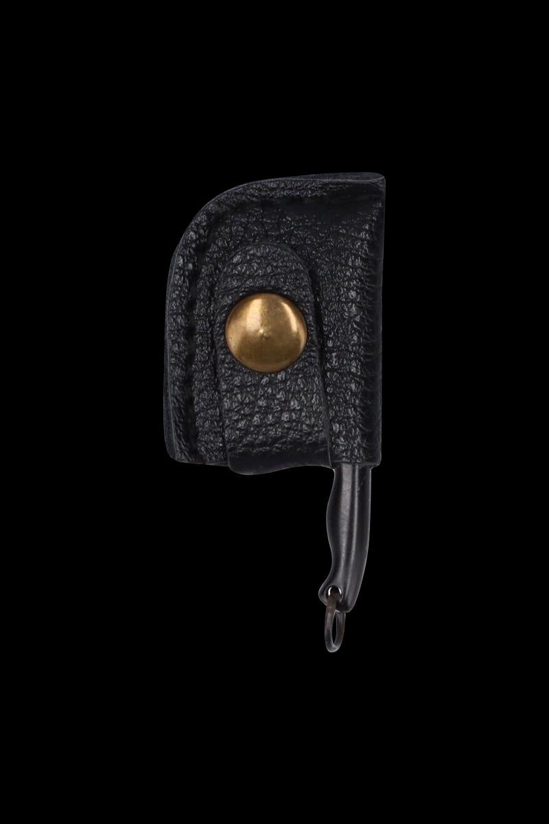 Close-up front view of the THGC EX II Mini Chopping Knife with Cover showing a textured black leather sheath and brass snap on a black background