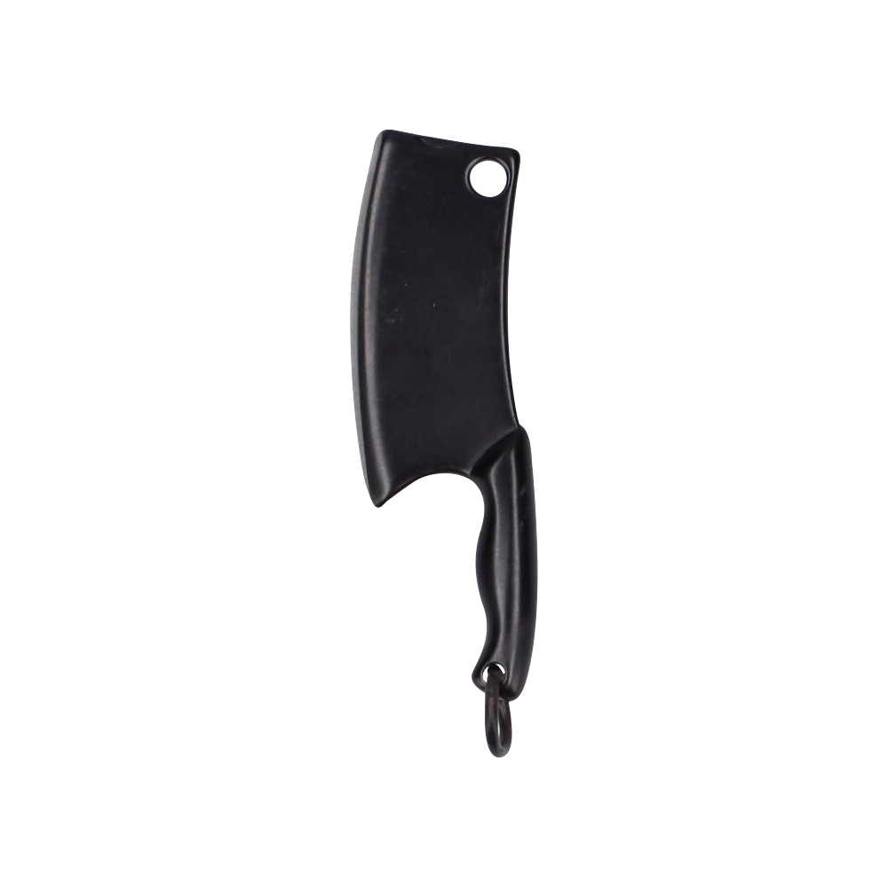 Top-down view of the black THGC EX II Mini Chopping Knife with Cover hanging by a metal ring against a white background