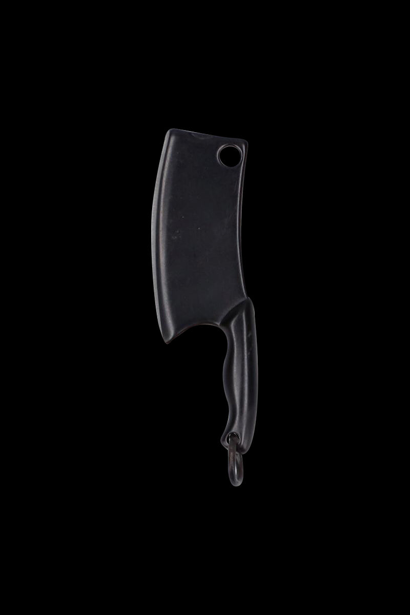 Top-down view of the black THGC EX II Mini Chopping Knife with Cover centered on a black background, showing its cleaver blade, finger-curved handle, and hanging ring.