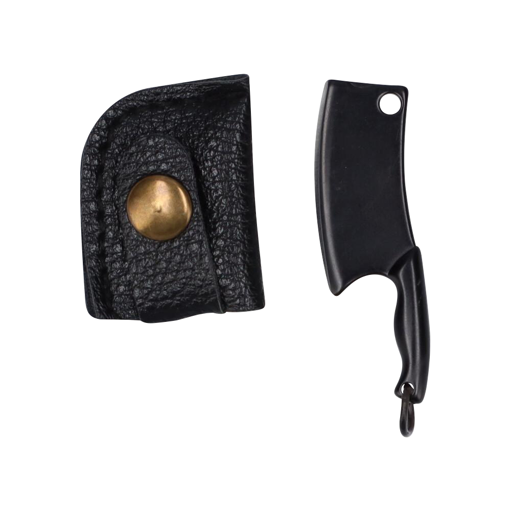 Top-down view of the THGC EX II Mini Chopping Knife with Cover showing the short black cleaver-style blade and textured black snap-on leather cover with brass button.