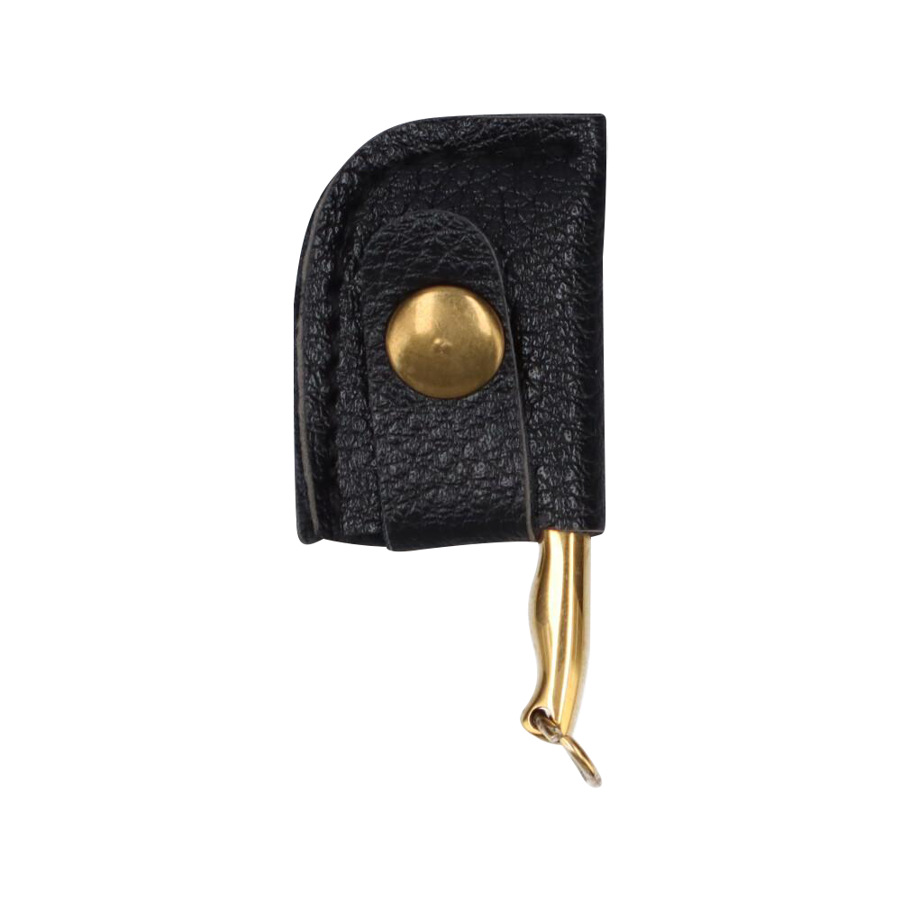 Close-up of the THGC EX II Mini Chopping Knife with Cover showing black textured leather cover flap with a brass snap and the knife's gold-toned handle tip.