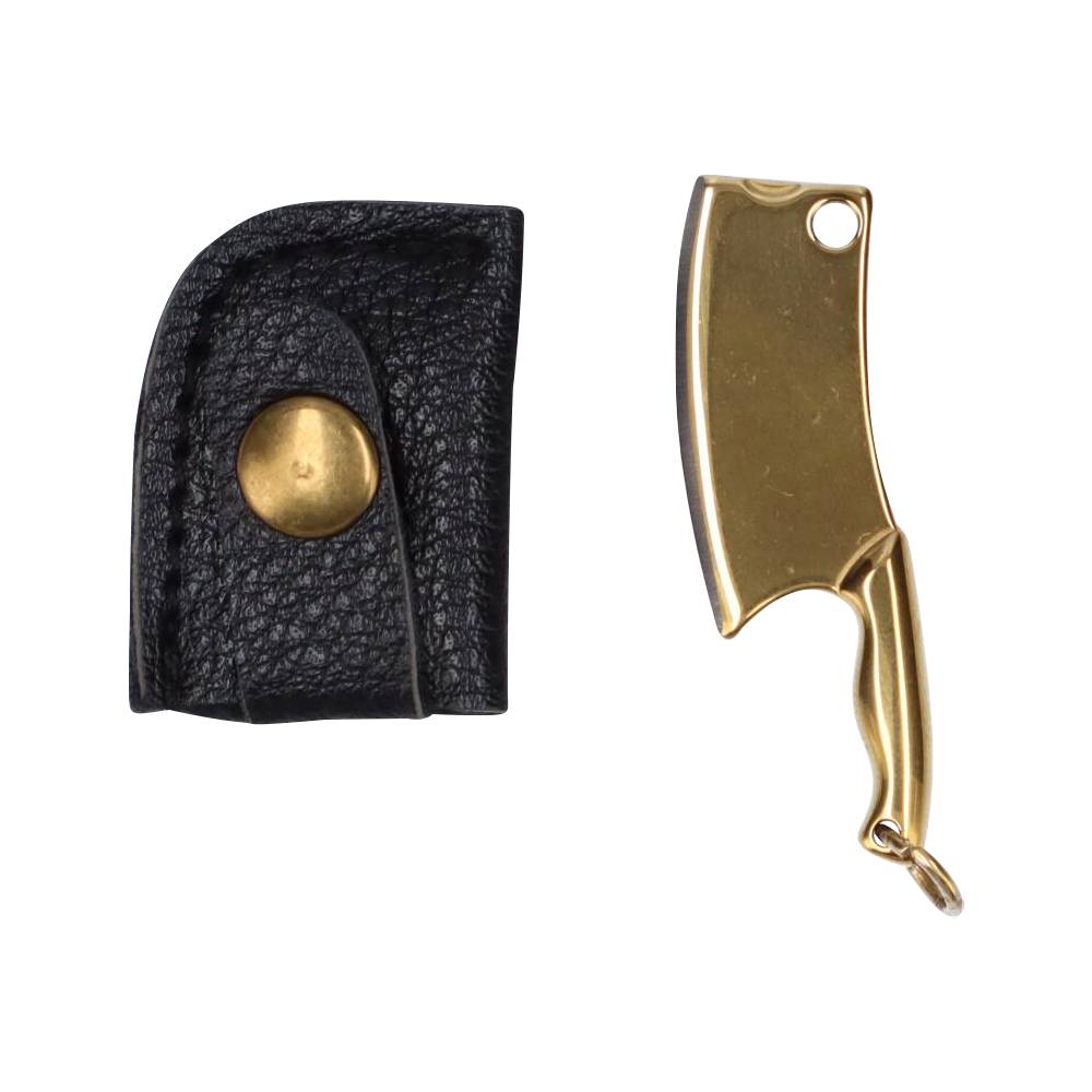 Top-down view of a small gold-tone THGC EX II Mini Chopping Knife with Cover beside its black textured snap leatherette cover.